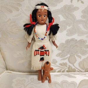 Native American Indian Maiden w/ Papoose Baby Plastic Doll, Leather Dress, Beads